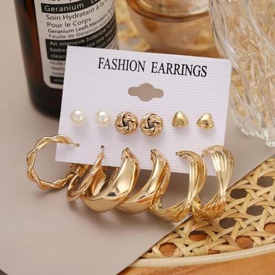 6-Pair Gold Plated Hoop & Stud Earrings Set for Women & Girls Alloy Hoop Earring Jewelry