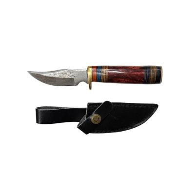 D - Maroon & Brown Handle Handmade Damascus Steel Fixed Blade Knife w/Brass Bolster & End Cap w/Leather Case - Military Hunting...