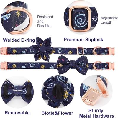 Size Small Navy Blue Sun Space Star Printed Small Dog Collar w/Matching Leash, Bowtie & Flower Rose Gold Hardware