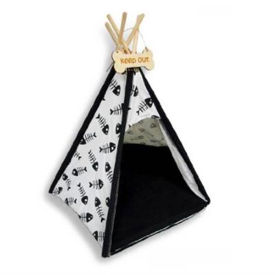 Black & White Fishbone Kitty Camp TeePee Cat Bed Hideout Toy Pet Bed w/“Keep Out” Sign