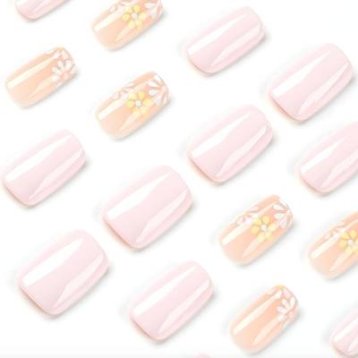B - Medium Square Press on Nails Coffin 24Pcs False Fake Nails Simple Nude Pink Floral Thick Glossy Acrylic Full Cover French Glue on...