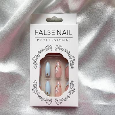 C - Blue Fake Nails Almond Shape Press on Nails Medium Acrylic Nails with Glitter Design Spring Summer Leaves Stick on Nails Full Cover...