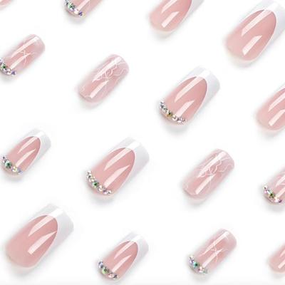 H - 24Pcs Square Press on Nails Medium Coffin Fake Nails French Tip Cute Nude White Marbled Design Glue on Nails Glossy Acrylic False...
