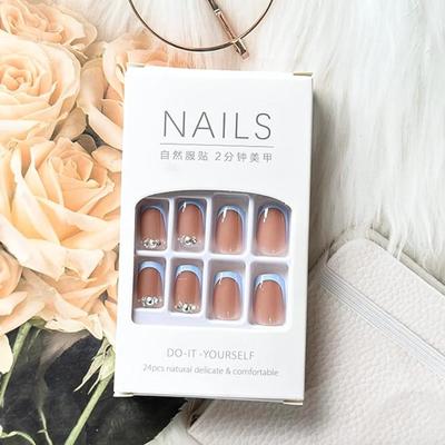 M - Press on Nails Short Fake Nails with Glitter Designs Rhinestones Glue on Nails Blue French Tip Square Artificial Acrylic Nails Spring...