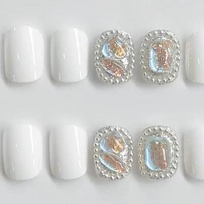 O - French Tip Press on Nails Extra Short Acrylic Fake Nails Short Square with White Glitter Design Stick Glossy Nude Full Cover False...