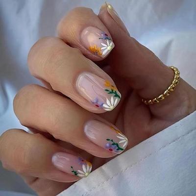P - Square Press on Nails Medium Length, Flower Fake Nails with Designs Spring False Nails Cute Daisy Leaves Acrylic Nails Full Cover...