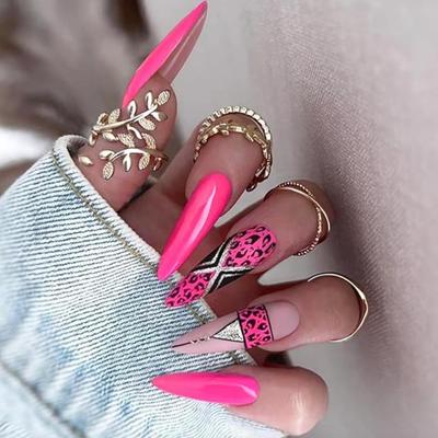 BB - Almond Press on Nails Fake Nails Medium Long Length with Pink Red Leopard Designs, Full Cover French Tip Glossy Stick Acrylic Nude...