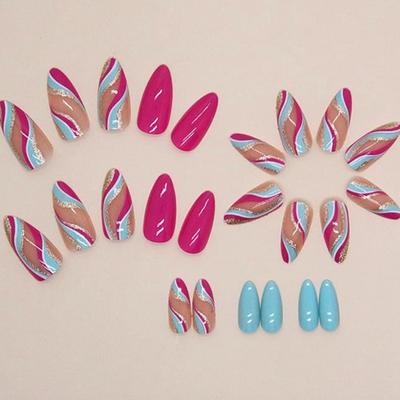 LL - Almond Shaped Press on Nails Medium Rose Red Blue Acrylic Fake Press Ons Nails with Wave Glitter Design Glue on Full Cover...