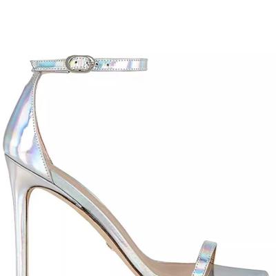 Size 8.5 Stuart Weitzman Nudistcurve 100 Strap Sandal in Iridescent Silver