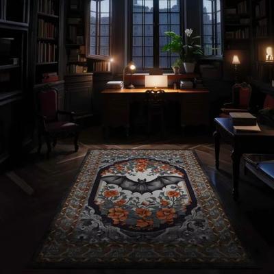 4' x 6' Black, Orange & White Bat Motif Rug - Floral Halloween Decor, Gothic Home Decor Rug, Bat Decor, Maximalist,...