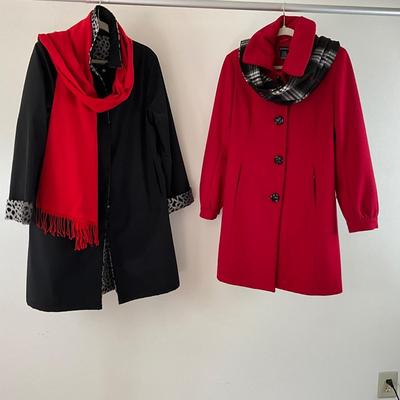 UBR8362 Pair of Ladies Wool Blend Coat by George w/Cashmink Scarf & Raincoat w/Leopard Print Liner