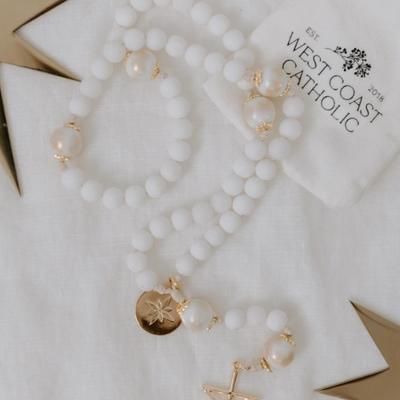 West Coast Catholic Rosary w/White Gemstone Beads, Gold Accents & Gold Jesus on Cross Pendant & Star of Bethlehem