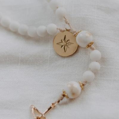 West Coast Catholic Rosary w/White Gemstone Beads, Gold Accents & Gold Jesus on Cross Pendant & Star of Bethlehem