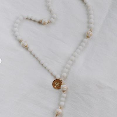 West Coast Catholic Rosary w/White Gemstone Beads, Gold Accents & Gold Jesus on Cross Pendant & Star of Bethlehem