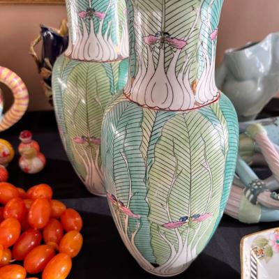 Vintage Handpainted Tobacco Leaf Butterfly Vases