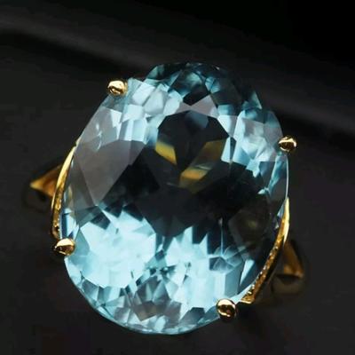 Sparkling Baby Blue Aquamarine 14.6Ct 925 Sterling Silver 24K Gold Vermeil Ring