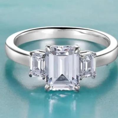 3-Stones Total 5carats Moissanite Anniversary Ring for Women, D Color Emerald Cut, 925 Sterling Silver Solitaire Total 5 cts Size 7