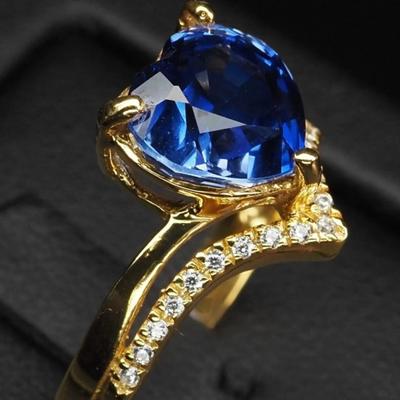 Vivid Blue Sapphire 3.70Ct Heart Rings in 925 Sterling Silver 24K Gold Overlay