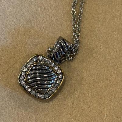Silver square necklace with pair of earrings