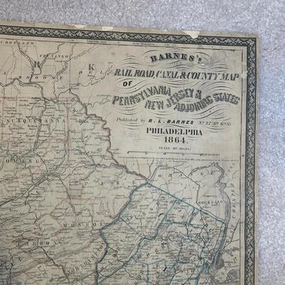 LOT 67: Antique 1864 Railroad Canal & County Map of Pennsylvania New Jersey & Adjoining States
