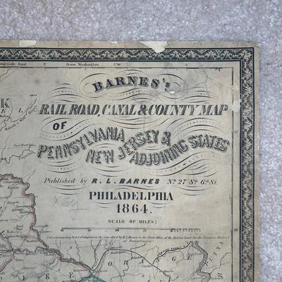 LOT 67: Antique 1864 Railroad Canal & County Map of Pennsylvania New Jersey & Adjoining States