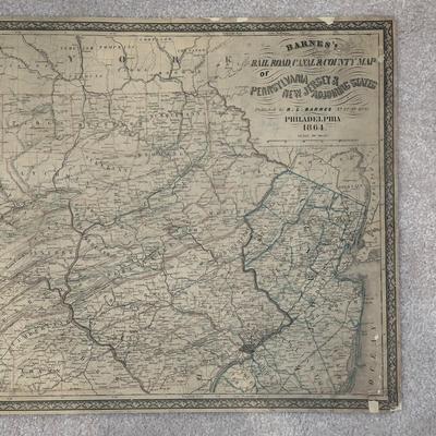 LOT 67: Antique 1864 Railroad Canal & County Map of Pennsylvania New Jersey & Adjoining States