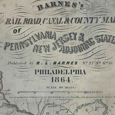 LOT 67: Antique 1864 Railroad Canal & County Map of Pennsylvania New Jersey & Adjoining States
