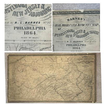 LOT 67: Antique 1864 Railroad Canal & County Map of Pennsylvania New Jersey & Adjoining States