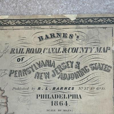 LOT 67: Antique 1864 Railroad Canal & County Map of Pennsylvania New Jersey & Adjoining States