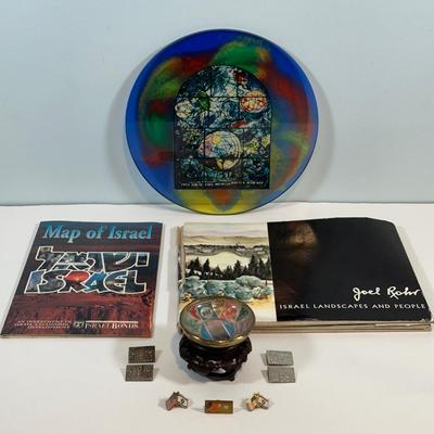 LOT 77: Israel Lucite Stained Glass Window, Israeli Stamp Brass Trinket Dish & More
