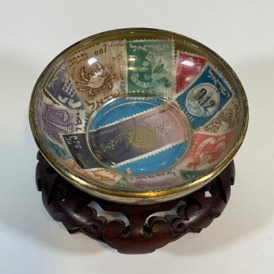 LOT 77: Israel Lucite Stained Glass Window, Israeli Stamp Brass Trinket Dish & More