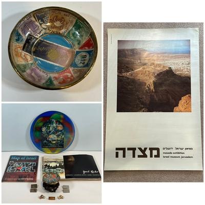 LOT 77: Israel Lucite Stained Glass Window, Israeli Stamp Brass Trinket Dish & More