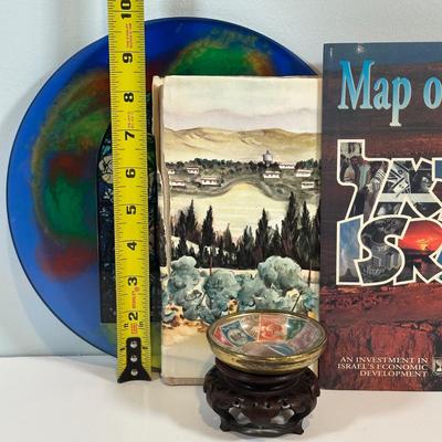 LOT 77: Israel Lucite Stained Glass Window, Israeli Stamp Brass Trinket Dish & More