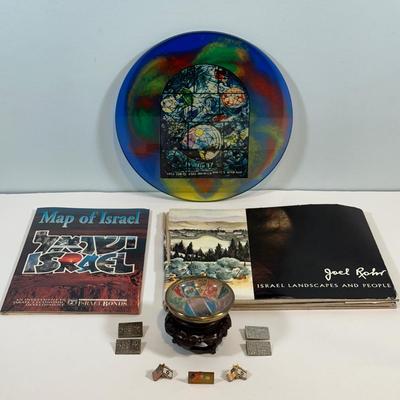 LOT 77: Israel Lucite Stained Glass Window, Israeli Stamp Brass Trinket Dish & More