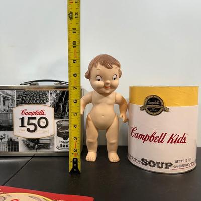 LOT 85: Vintage Campbell’s Soup Collectibles Campbell Kid Dolls NIP, Lunchbox & Thermos, Campbell's Kids Bride & Groom...