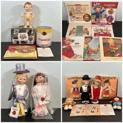 LOT 85: Vintage Campbell’s Soup Collectibles Campbell Kid Dolls NIP, Lunchbox & Thermos, Campbell's Kids Bride & Groom...