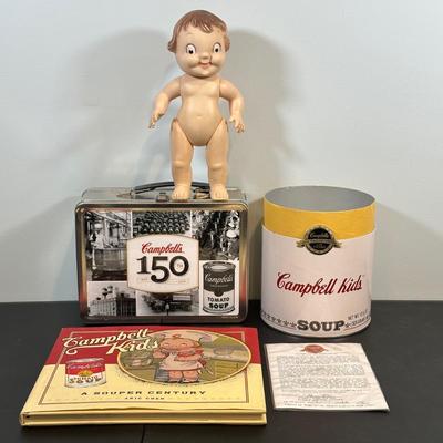 LOT 85: Vintage Campbell’s Soup Collectibles Campbell Kid Dolls NIP, Lunchbox & Thermos, Campbell's Kids Bride & Groom...