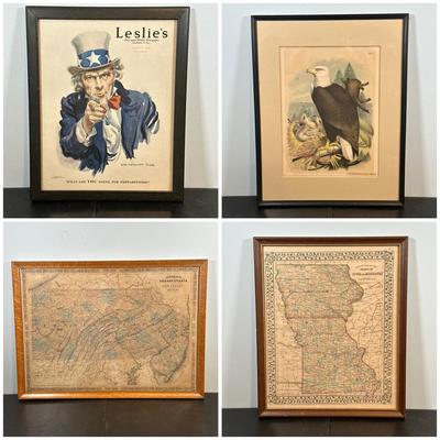 LOT 92: Framed Antique Maps, Leslie's Illustrated Weekly Newspaper Uncle Sam Cover & More