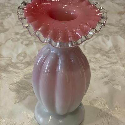 Pink ruffle milk glass vase