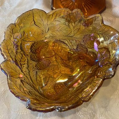 Marigold carnival glass candy dish & amber compote