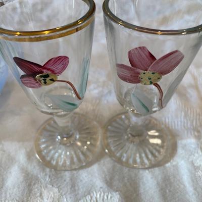 Hand painted decanter and 2 glasses