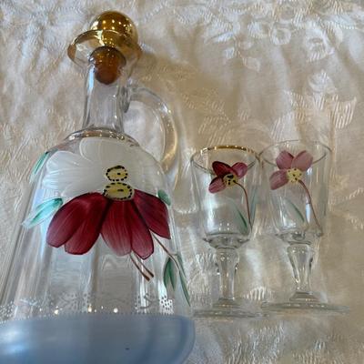 Hand painted decanter and 2 glasses