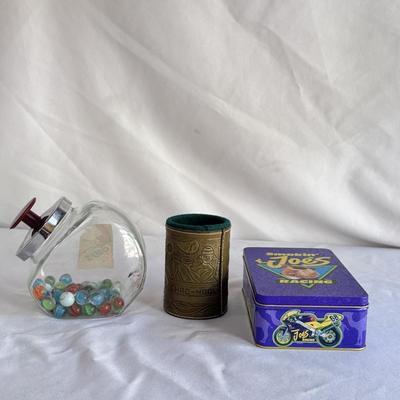Vintage Leather Dice Cup, Smokin’ Joe Matches, and Several Marbles (GB-DZ)