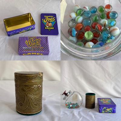 Vintage Leather Dice Cup, Smokin’ Joe Matches, and Several Marbles (GB-DZ)