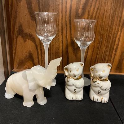 Onyx Elephant, Vintage Salt/Pepper Shakers, Crystal candle holder