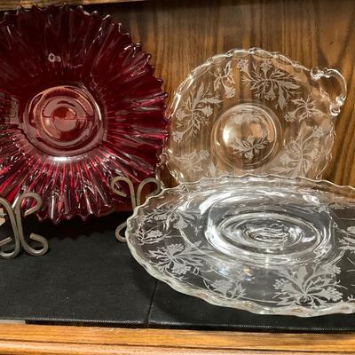 Vintage Fostoria Etched Heather Round Glass Serving dishes, w/Ruby Red Serving dish.
