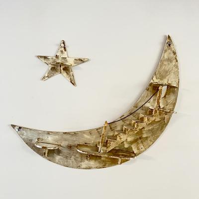 2 Pc. Vintage Wood Shelf Crescent Moon & Star, Primitive MCM
