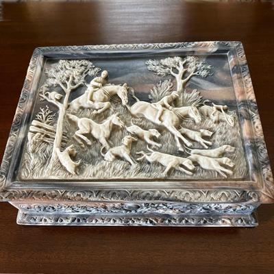 Genuine Vintage Carved Incolay Stone Jewelry Box 8"x11"