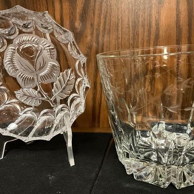 Princess House Etched Ice Bucket, Crystal Rose Etched Candy Dish, Plus