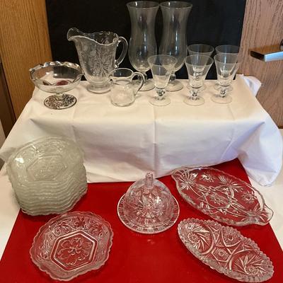 Fostoria Crystal Pitcher, Indiana Glass dishes, Breyer Crystal Cheese Ball Dish, Glasses, plus